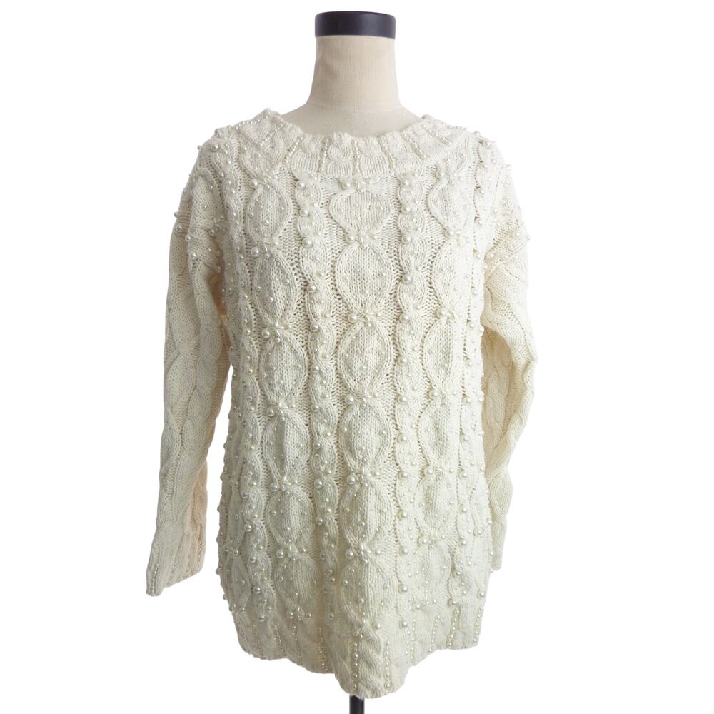 Mariey Womens Vintage Cable Knit Sweater Beaded Off White Cream M